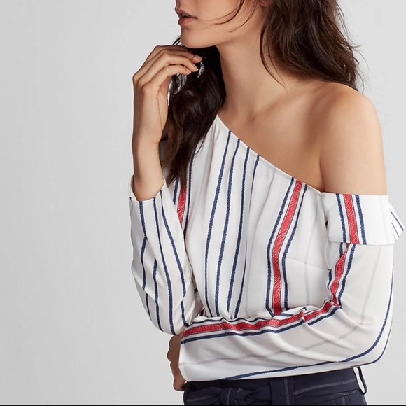 Express - Cream and Red Ruffled Asymmetrical Blouse - Picture 3 of 3